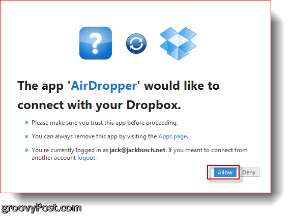 AirDropper Dropbox: collega l'app a Dropbox