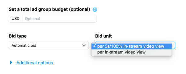 Opzione per impostare il tipo di offerta e l'unità per l'annuncio Twitter Visualizzazioni video in-stream (pre-roll).