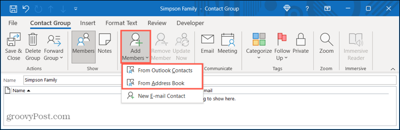 Aggiungi membri a un nuovo gruppo di contatti in Outlook