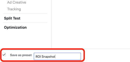 creare un report personalizzato di snapshot ROI in Facebook Ads Manager, passaggio 8