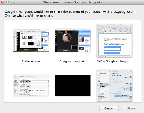 opzioni di condivisione dello schermo di Google + Hangouts