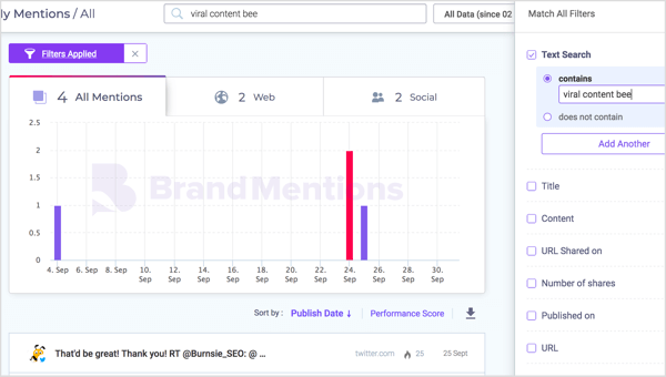 Filtra le menzioni del marchio in base al nome del progetto in BrandMentions.