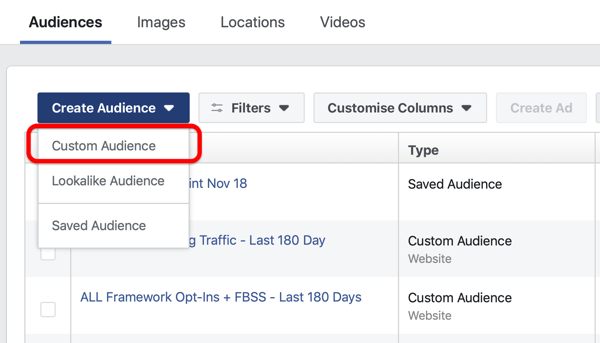 Opzione per creare un pubblico simile a Facebook in Crea pubblico in Facebook Ads Manager.