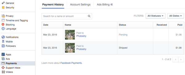 i clienti visualizzano gli ordini nella sezione pagamenti delle impostazioni di Facebook