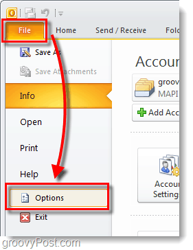 menu delle opzioni di Outlook 2010