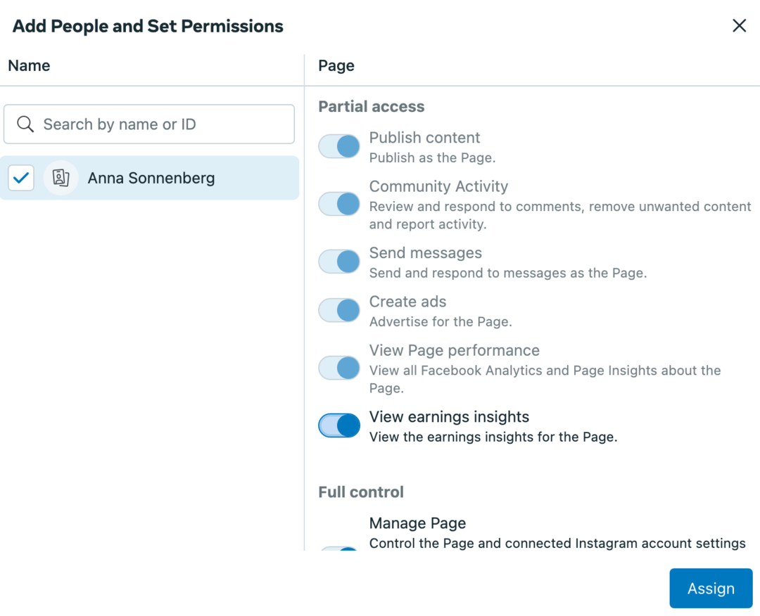 immagine della schermata Persone app e Imposta autorizzazioni in Meta Business Suite