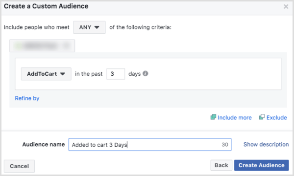 Scegli le opzioni per creare un pubblico personalizzato di Facebook basato sull'evento AddToCart