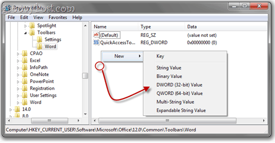 Rimozione della barra dei caratteri del tasto destro del mouse in Office 2010