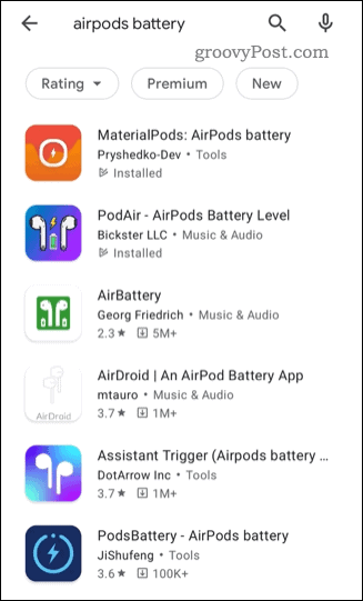 Un elenco di app di stato AirPods di terze parti nel Google Play Store
