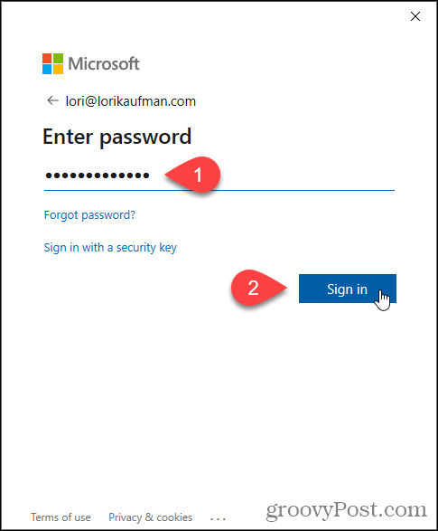 Inserisci la password per l'e-mail Microsoft