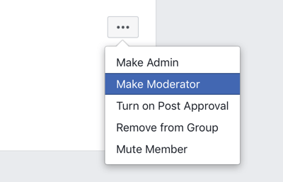 Come migliorare la comunità del tuo gruppo Facebook, opzione del menu del gruppo Facebook per rendere un membro un moderatore 