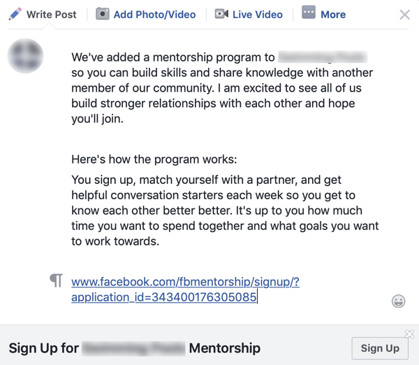 Come migliorare la community del tuo gruppo Facebook, esempio di annuncio di gruppo per un programma di mentoring di Facebook