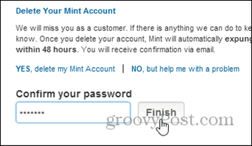 conferma l'eliminazione con password - elimina l'account mint.com