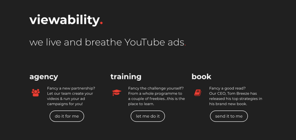 Screenshot del sito web di Viewability, un'agenzia pubblicitaria di YouTube.
