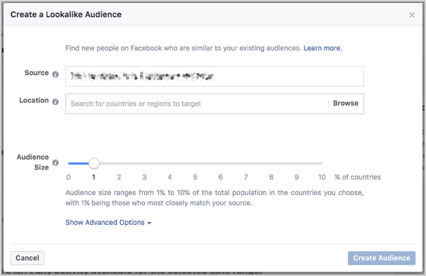 Imposta la dimensione del pubblico simile a Facebook. Puoi controllare la dimensione con un cursore che appare quando crei il pubblico.