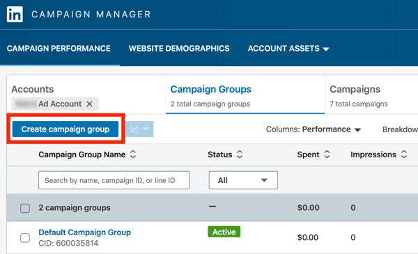 Come creare un annuncio di testo LinkedIn, passaggio 2, creare gruppi di campagne