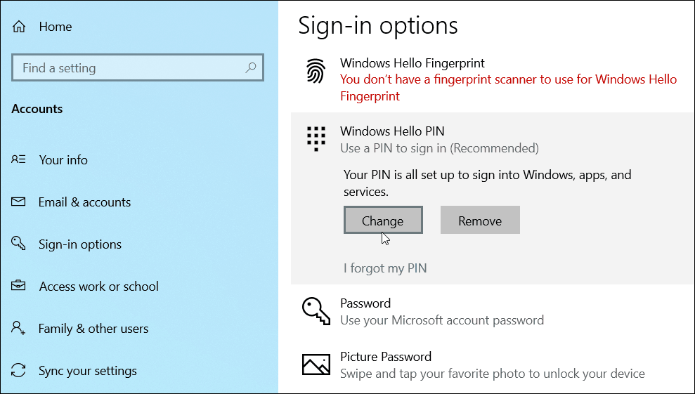 cambia aggiungi PIN Windows 10