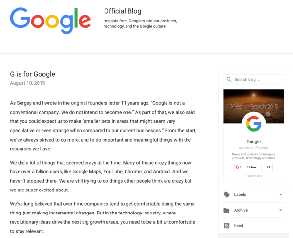 lettera di annuncio di rebranding di Google