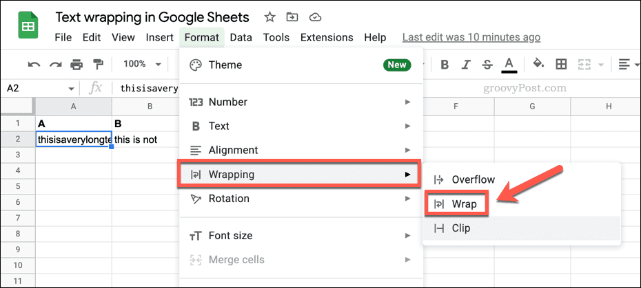 Opzioni per avvolgere il testo in Fogli Google