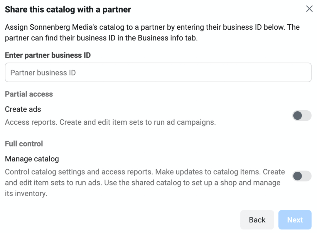 immagine della schermata Condividi questo catalogo con un partner in Meta Business Manager