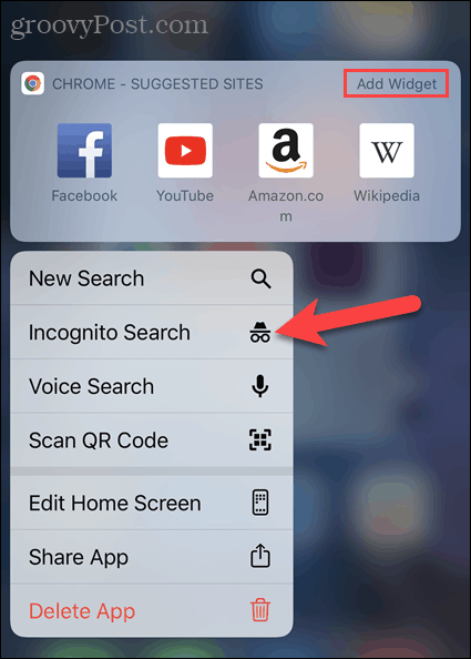 Tocca Nuova scheda in incognito dall'icona dell'app di Chrome su iOS