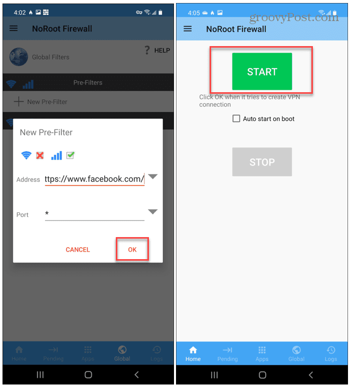 No Root Inserisci il sito da bloccare