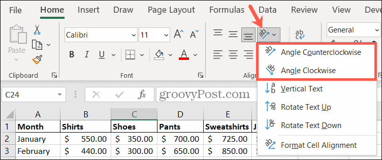 Scegli un angolo di orientamento in Excel per ruotare il testo