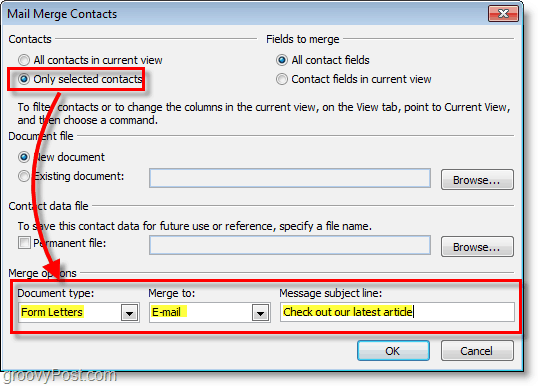 Schermata di Outlook 2010: assicurati che le opzioni siano corrette nei contatti di stampa unione