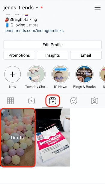 screenshot della scheda delle bobine di Instagram su un profilo che mostra il segnaposto per le bozze delle bobine