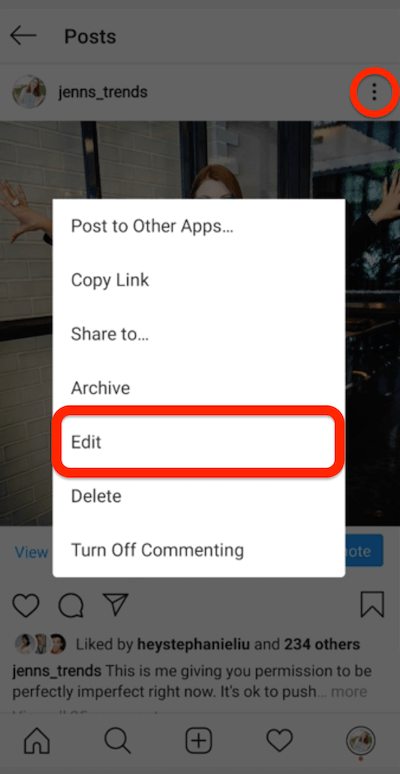 menu a tre punti per un post di Instagram che mostra l'opzione per modificare il post