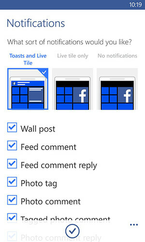 app Facebook per le opzioni di notifica di Windows