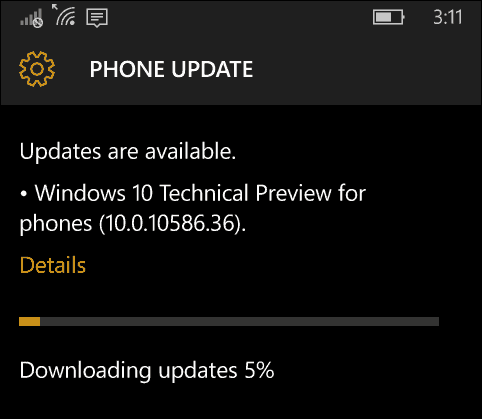 Aggiornamento di Windows 10 Mobil 10586-36