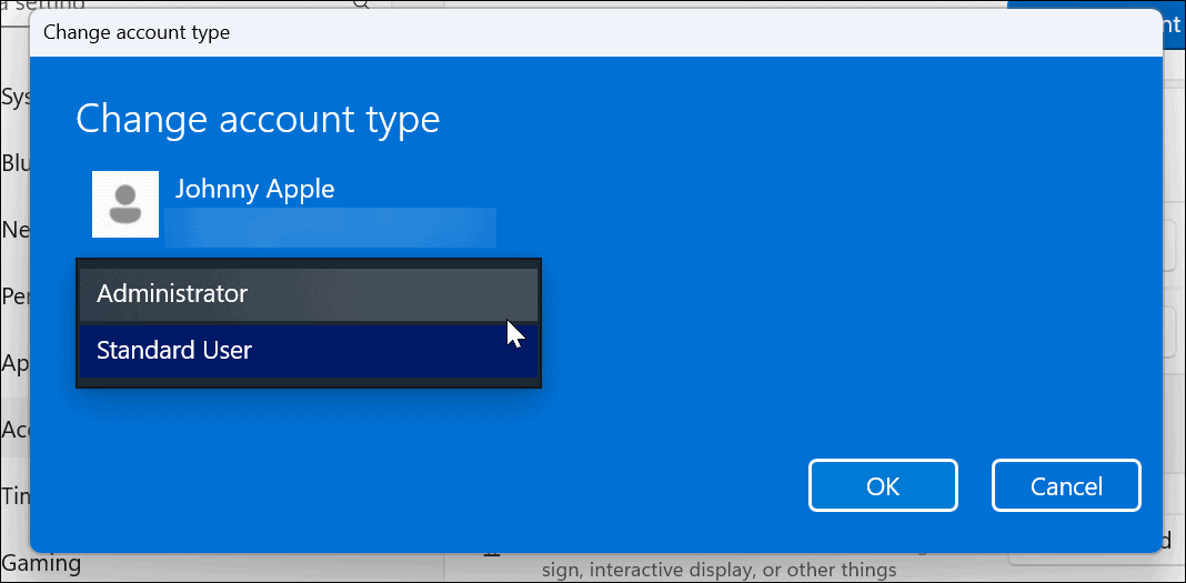 Modifica il tipo di account su Windows 11