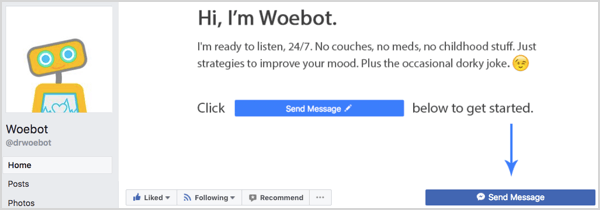 Il pulsante Invia messaggio nella pagina Facebook di Woebot.