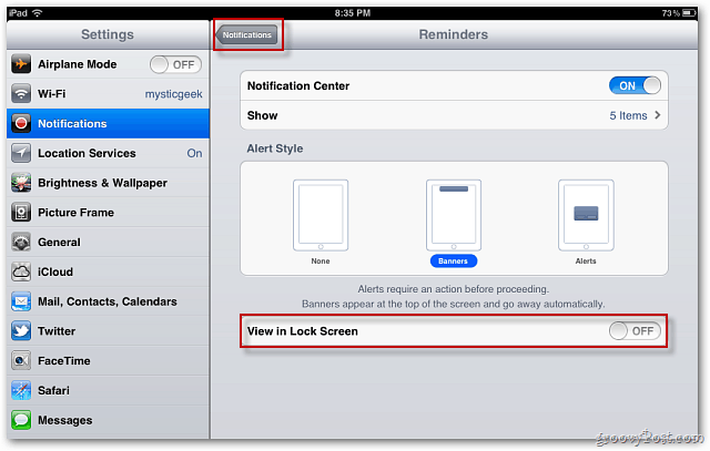 Apple iOS 5: disabilita le notifiche dalla visualizzazione nella schermata di blocco