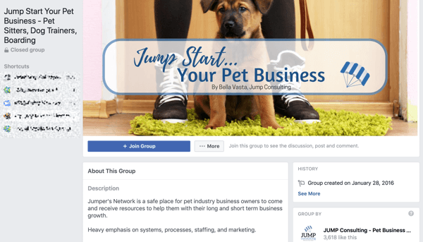 Come utilizzare le funzionalità dei gruppi di Facebook, esempio di gruppo per Jump Start Your Pet Business