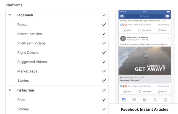 Opzioni di posizionamento della campagna Facebook