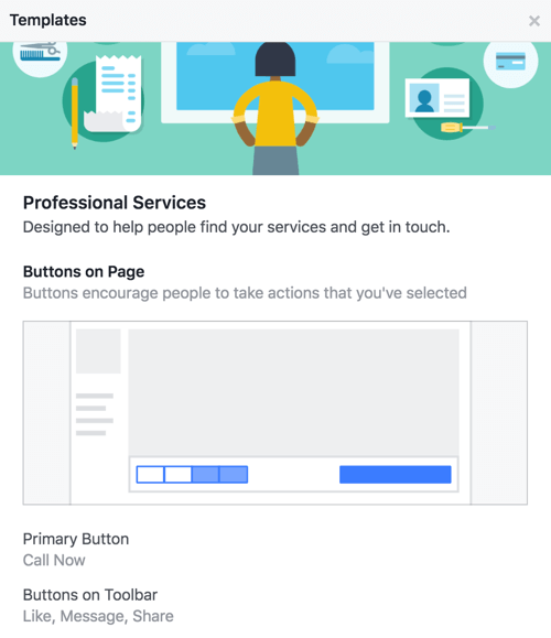 Scopri quali pulsanti e inviti all'azione vengono forniti con il modello della tua pagina Facebook.
