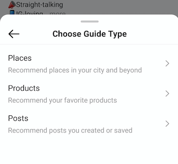 esempio instagram crea guida scegli menu tipo guida che offre opzioni di luoghi, prodotti e postexample instagram crea guida scegli menu tipo guida che offre opzioni di luoghi, prodotti e post