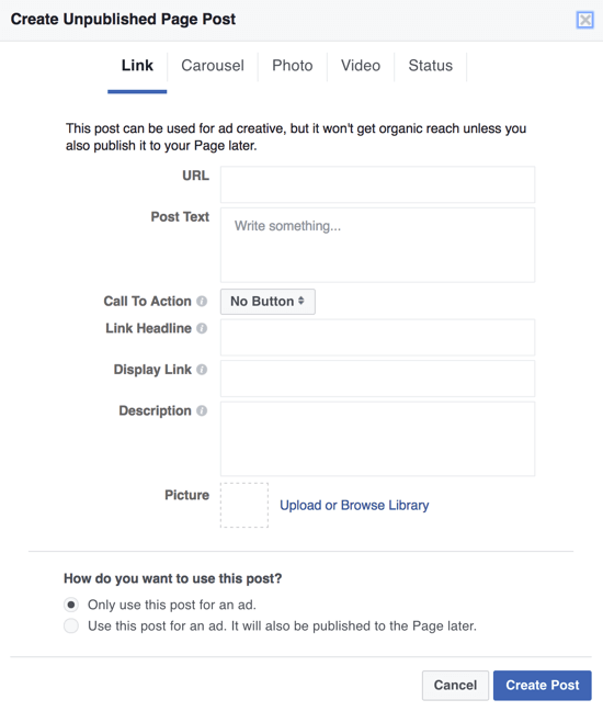 Per creare post oscuri di Facebook come annunci, puoi utilizzare Power Editor e selezionare Usa questo post solo per un annuncio.