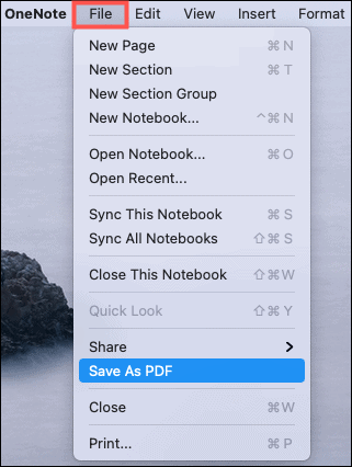 Salva come PDF OneNote Mac