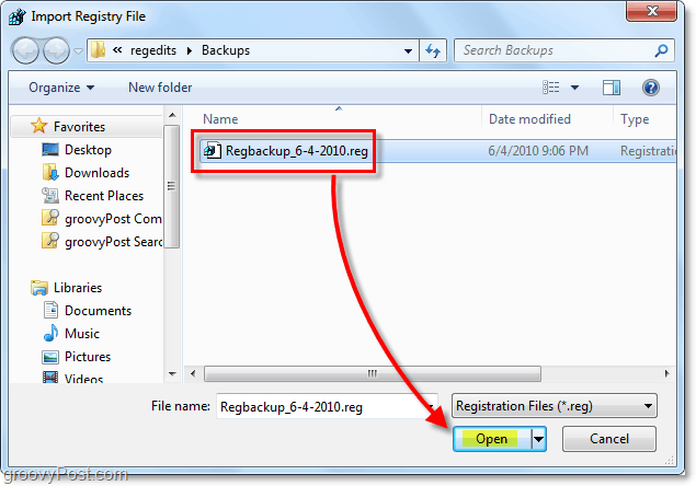 selezione del ripristino del Registro di sistema in Windows 7 e Vista per l'importazione