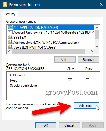 Fare clic su Avanzate nella finestra di dialogo Autorizzazioni nel registro di Windows