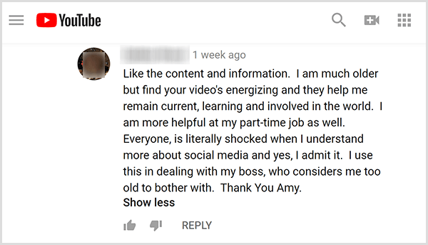Amy Landino ha ricevuto feedback positivi sui suoi contenuti video dal suo pubblico. Ad esempio, un utente commenta che i suoi video mi aiutano a rimanere aggiornato, imparare e coinvolto nel mondo. Sono più disponibile anche nel mio lavoro part-time.