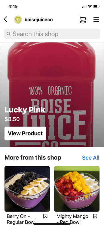 esempio di acquisto di prodotti Instagram da @boisejuiceco che mostra un rosa fortunato per $ 8,50 e meno da questo negozio appare una ciotola regolare di bacche e una potente ciotola di mango insieme all'opzione per cercare nel negozio