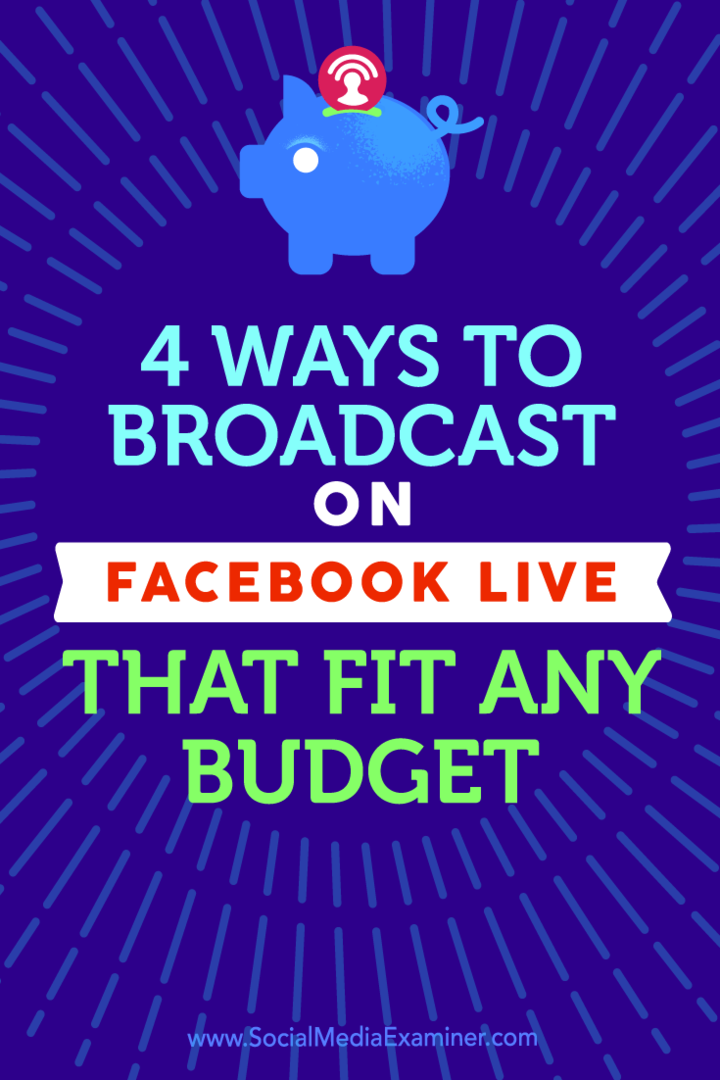 Suggerimenti su quattro modi per trasmettere con Facebook Live adatti a qualsiasi budget.