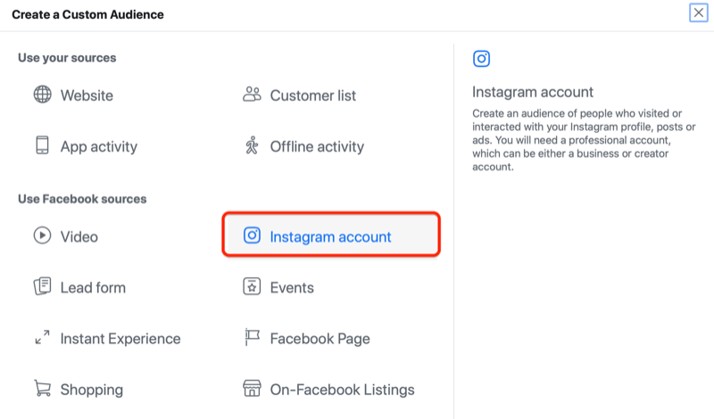 Il gestore degli annunci Facebook crea un menu del pubblico personalizzato con l'opzione dell'account Instagram evidenziata