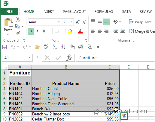 Seleziona Area Documento Excel