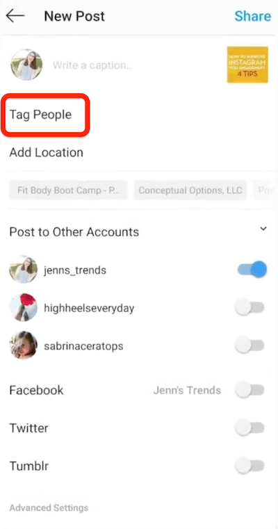 nuova opzione di post di Instagram per taggare le persone