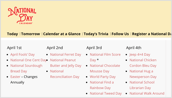 Calendario della festa nazionale